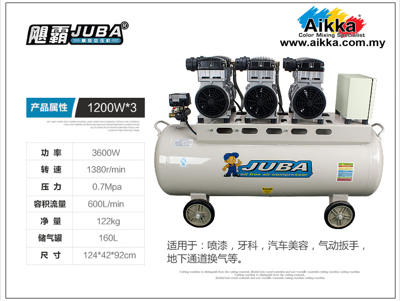JUBA Mute Oil-free Air compressor 1200w x 3 160L  (4.8HP)