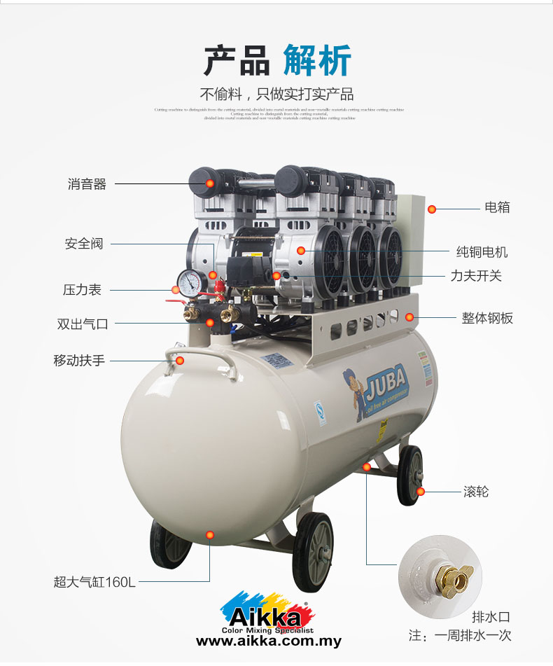 JUBA Mute Oil-free Air compressor 1200w x 3 160L  (4.8HP)